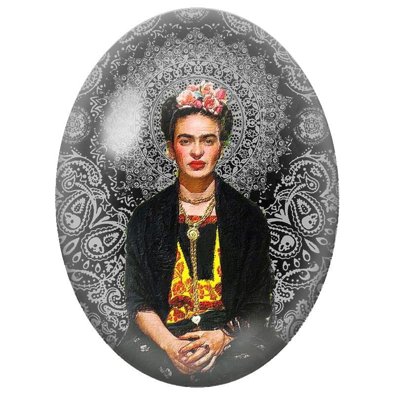 Cabochon en Verre Illustré Frida Kahlo au Mandala Noir et Blanc 13x18, 18x25 ou 30x40mm