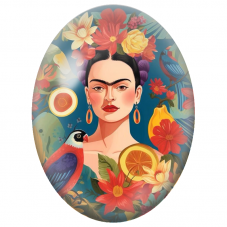 Cabochon en Verre Illustré Frida Kahlo au Perroquet et aux Agrumes pour la Création de Bijoux Fantaisie - DIY