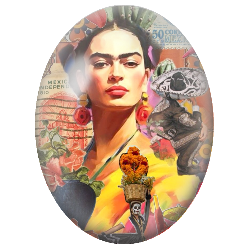 Cabochon en Verre Illustré Frida Kahlo au Cactus et au Jour des Morts 13x18, 18x25 ou 30x40mm