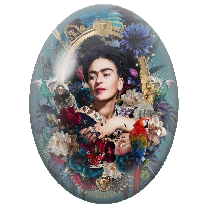 Cabochon en Verre Illustré Frida Kahlo au Perroquet et au Singe 13x18, 18x25 ou 30x40mm