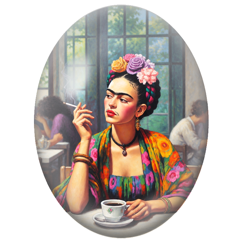 Cabochon en Verre Illustré Frida Kahlo au Café 13x18, 18x25 ou 30x40mm