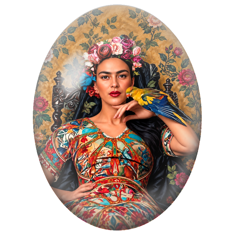Cabochon en Verre Illustré Frida Kahlo au Perroquet sur l’Épaule 13x18, 18x25 ou 30x40mm