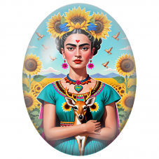 Cabochon en Verre Illustré Frida Kahlo au Faon et aux Tournesols pour la Création de Bijoux Fantaisie - DIY