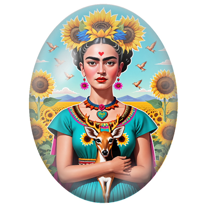 Cabochon en Verre Illustré Frida Kahlo au Faon et aux Tournesols 13x18, 18x25 ou 30x40mm