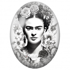 Cabochon en Verre Illustré Frida Kahlo aux Fleurs en Noir et Blanc pour la Création de Bijoux Fantaisie - DIY
