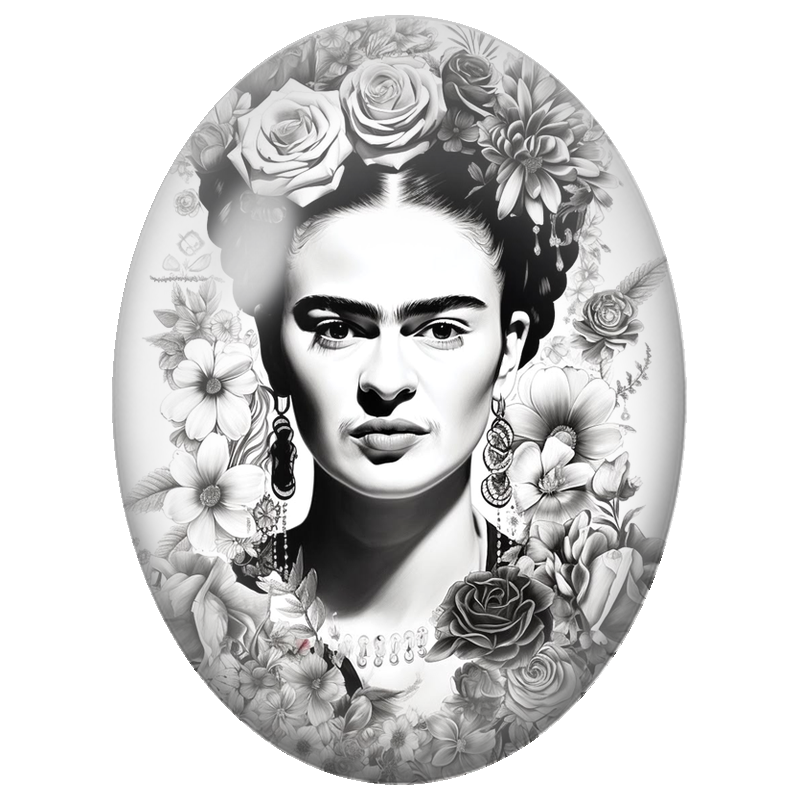Cabochon en Verre Illustré Frida Kahlo aux Fleurs en Noir et Blanc 13x18, 18x25 ou 30x40mm