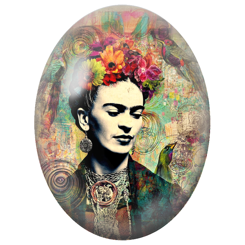 Cabochon en Verre Illustré Frida Kahlo aux Colibris Colorés 13x18, 18x25 ou 30x40mm