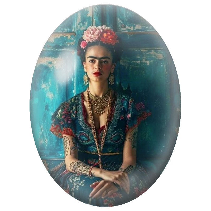 Cabochon en Verre Illustré Frida Kahlo Tatouée aux Fleurs 13x18, 18x25 ou 30x40mm