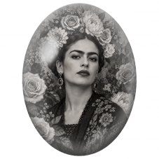 Cabochon en Verre Illustré Frida Kahlo en Noir et Blanc aux Grandes Fleurs pour la Création de Bijoux Fantaisie - DIY