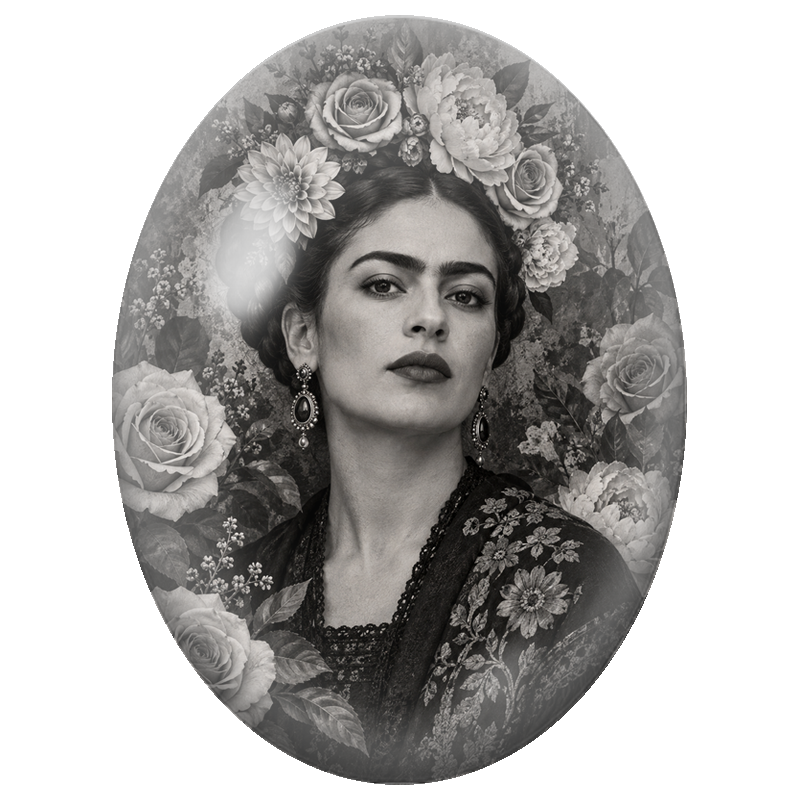 Cabochon en Verre Illustré Frida Kahlo en Noir et Blanc aux Grandes Fleurs 13x18, 18x25 ou 30x40mm