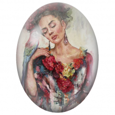 Cabochon en Verre Illustré Frida Kahlo au Perroquet et aux Fleurs Rouges pour la Création de Bijoux Fantaisie - DIY
