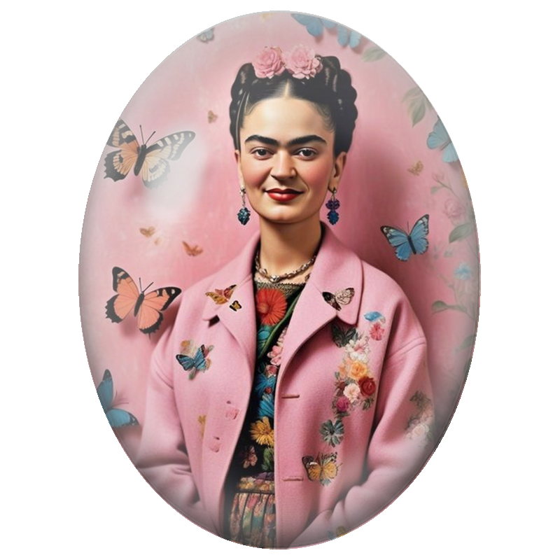 Cabochon en Verre Illustré Frida Kahlo au Manteau Rose et aux Papillons 13x18, 18x25 ou 30x40mm