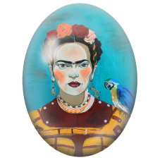 Cabochon en Verre Illustré Frida Kahlo au Perroquet Bleu pour la Création de Bijoux Fantaisie - DIY