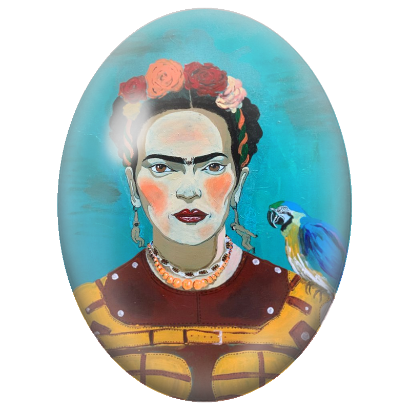 Cabochon en Verre Illustré Frida Kahlo au Perroquet Bleu 13x18, 18x25 ou 30x40mm