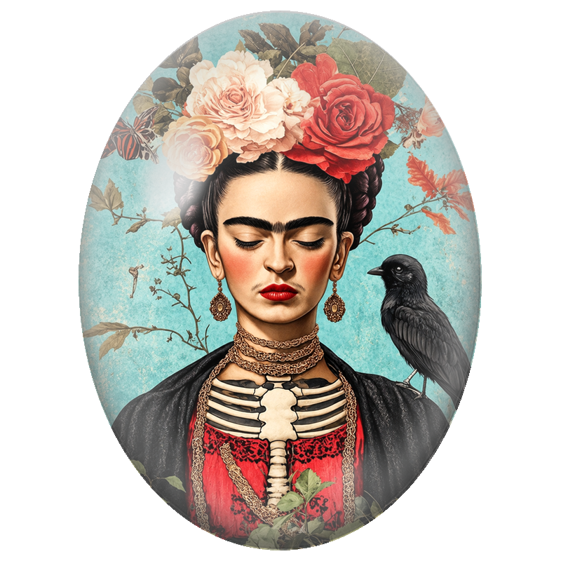 Cabochon en Verre Illustré Frida Kahlo Gothique au Corbeau et au Squelette 13x18, 18x25 ou 30x40mm