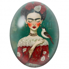Cabochon en Verre Illustré Frida Kahlo à l’Oiseau et aux Roses Rouges pour la Création de Bijoux Fantaisie - DIY