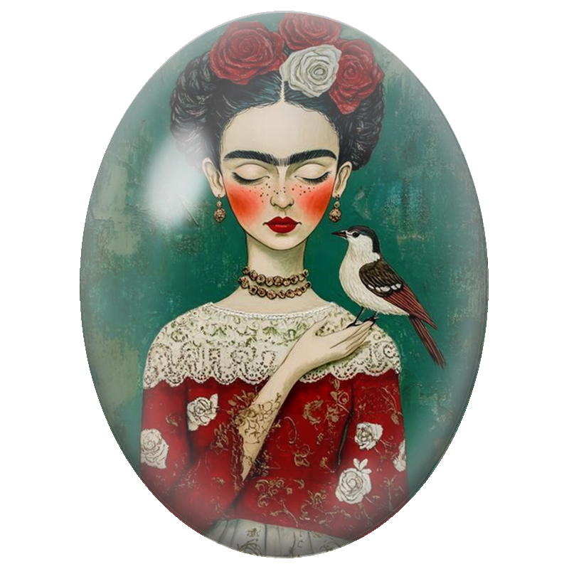 Cabochon en Verre Illustré Frida Kahlo à l’Oiseau et aux Roses Rouges 13x18, 18x25 ou 30x40mm