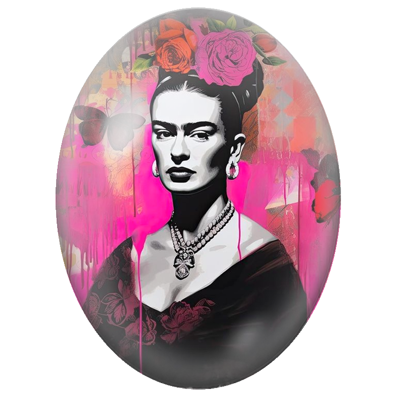 Cabochon en Verre Illustré Frida Kahlo Pop Art aux Roses Fuchsia 13x18, 18x25 ou 30x40mm