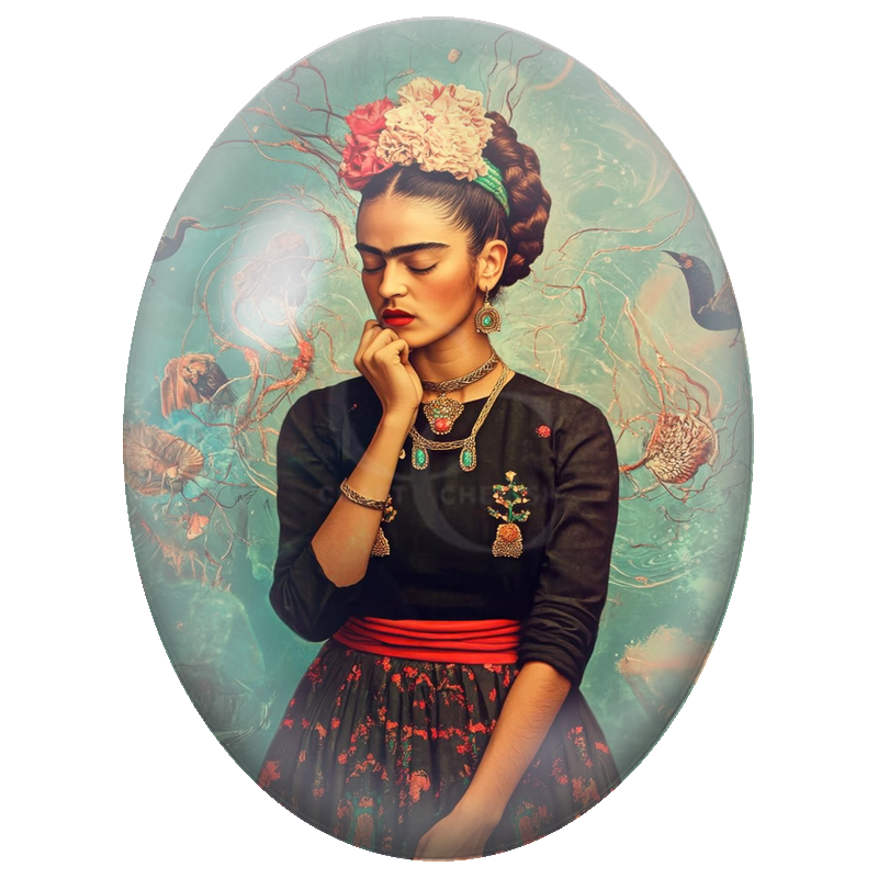 Cabochon en Verre Illustré Frida Kahlo au Jardin de Colibris 13x18, 18x25 ou 30x40mm