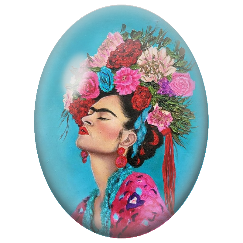 Cabochon en Verre Illustré Frida Kahlo de Profil aux Fleurs 13x18, 18x25 ou 30x40mm