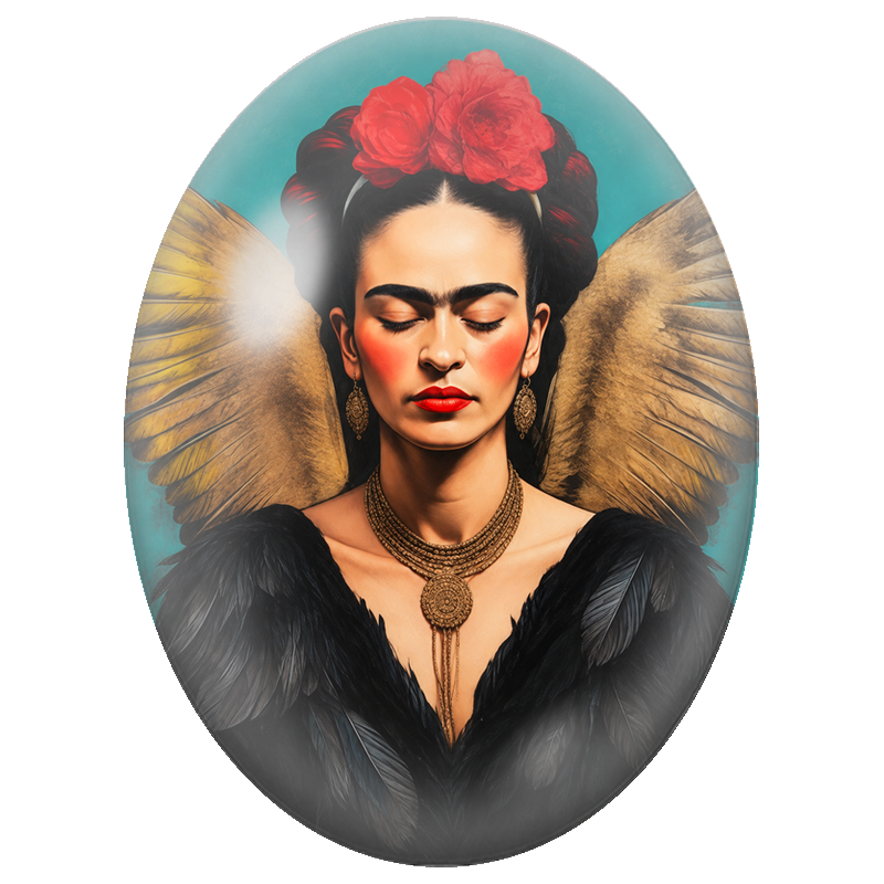 Cabochon en Verre Illustré Frida Kahlo Ange aux Ailes Noires 13x18, 18x25 ou 30x40mm