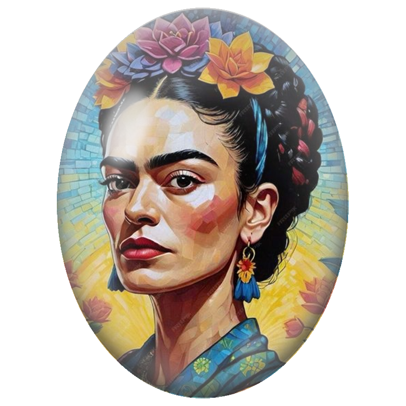 Cabochon en Verre Illustré Frida Kahlo au Visage en Mosaïque 13x18, 18x25 ou 30x40mm