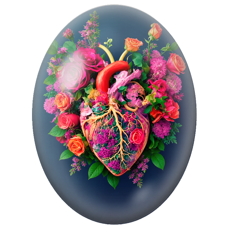 Cabochon en Verre Illustré Cœur Anatomique Fleuri 13x18, 18x25 ou 30x40mm