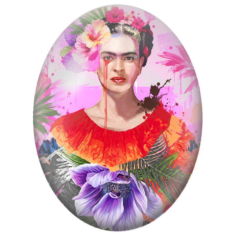 Cabochon en Verre Illustré Frida Kahlo aux Fleurs Tropicales 13x18, 18x25 ou 30x40mm