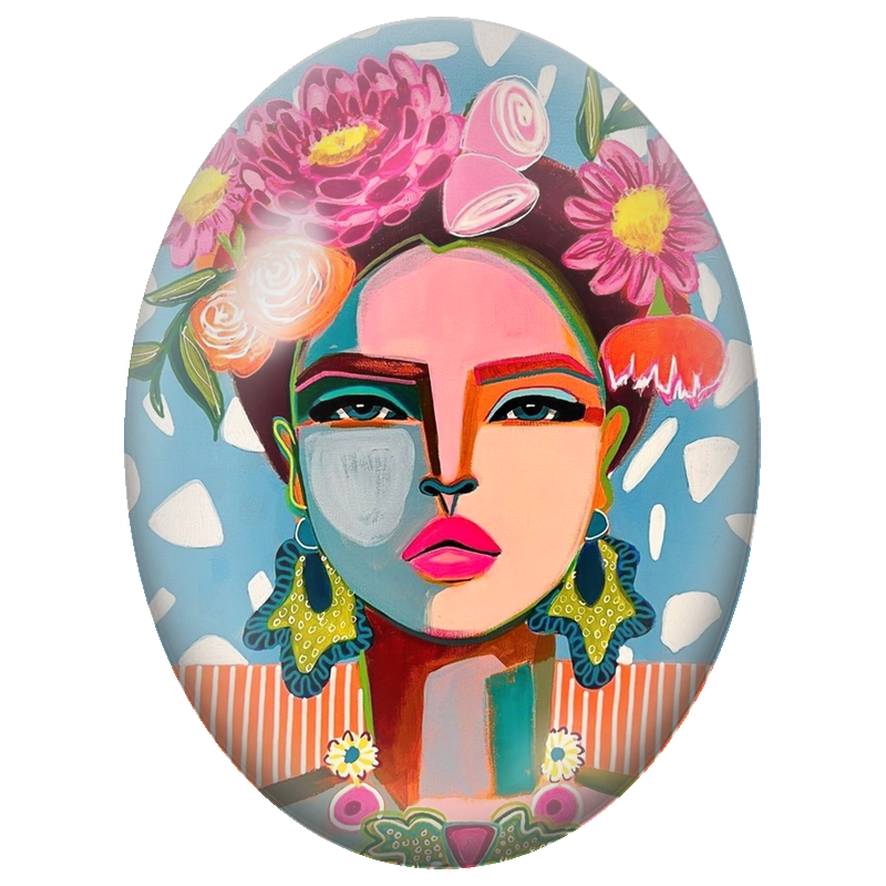 Cabochon en Verre Illustré Frida Kahlo Pop Art aux Fleurs 13x18, 18x25 ou 30x40mm