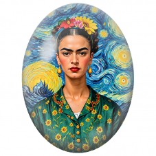 Cabochon en Verre Illustré Frida Kahlo au Fond Étoilé et aux Tournesols pour la Création de Bijoux Fantaisie - DIY