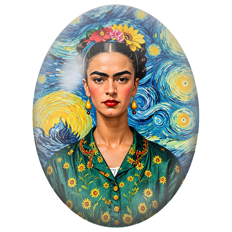 Cabochon en Verre Illustré Frida Kahlo au Fond Étoilé et aux Tournesols 13x18, 18x25 ou 30x40mm
