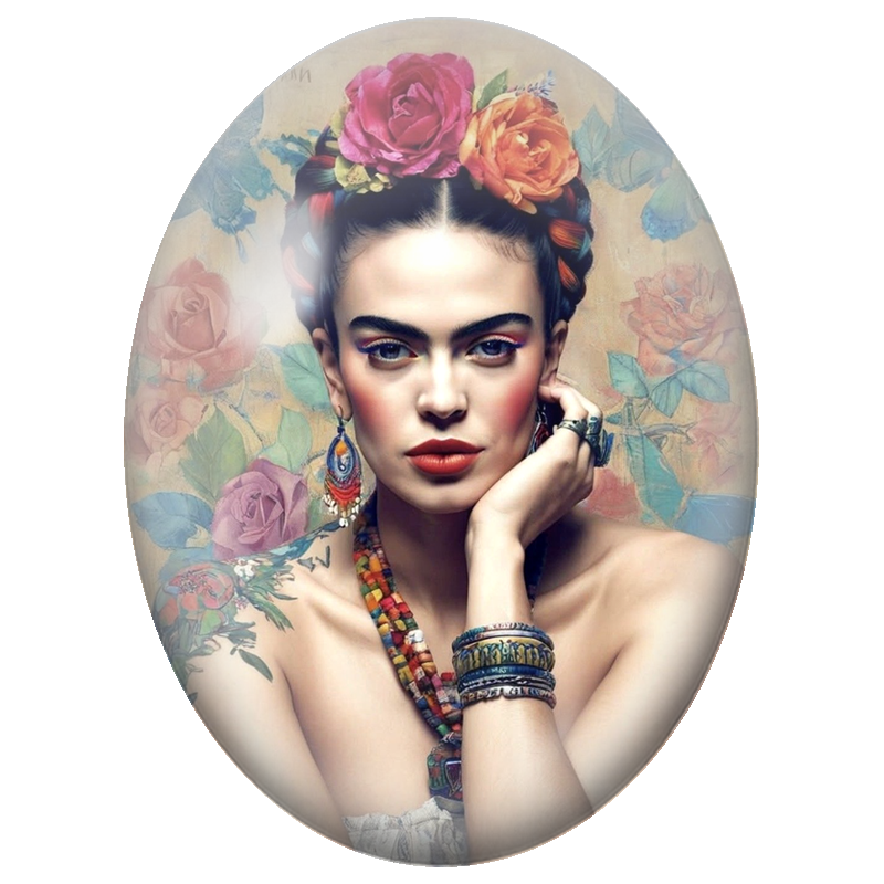 Cabochon en Verre Illustré Frida Kahlo aux Roses et aux Bracelets 13x18, 18x25 ou 30x40mm