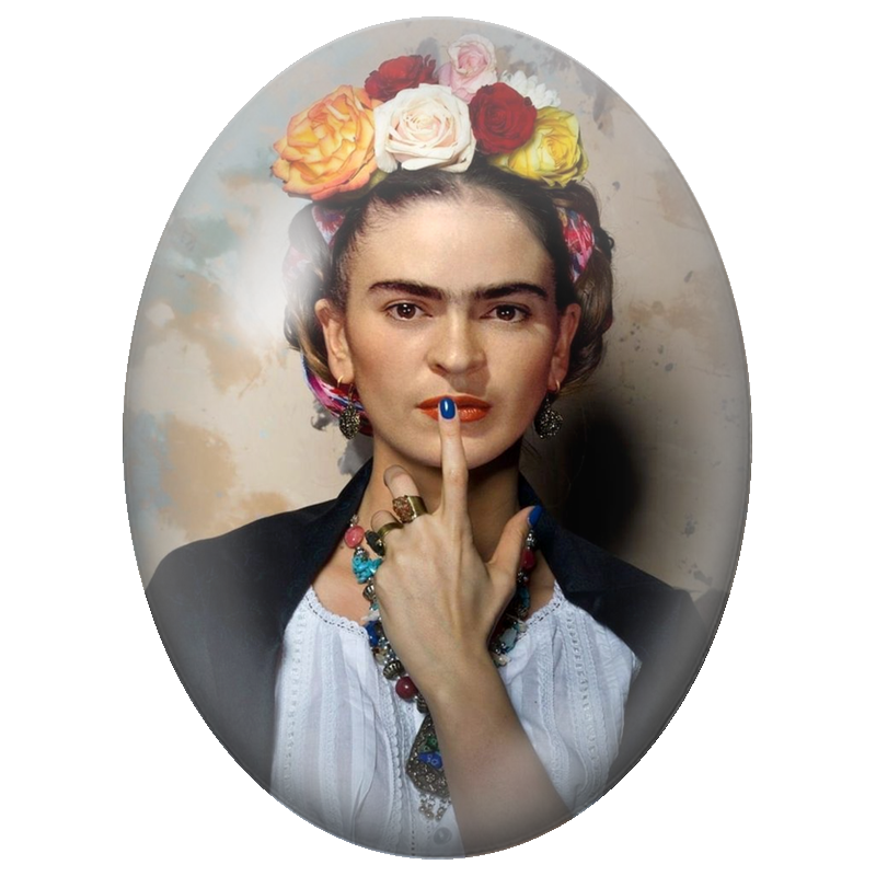 Cabochon en Verre Illustré Frida Kahlo au Doigt sur les Lèvres 13x18, 18x25 ou 30x40mm