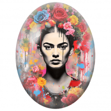 Cabochon en Verre Illustré Frida Kahlo aux Roses et aux Coulures pour la Création de Bijoux Fantaisie - DIY