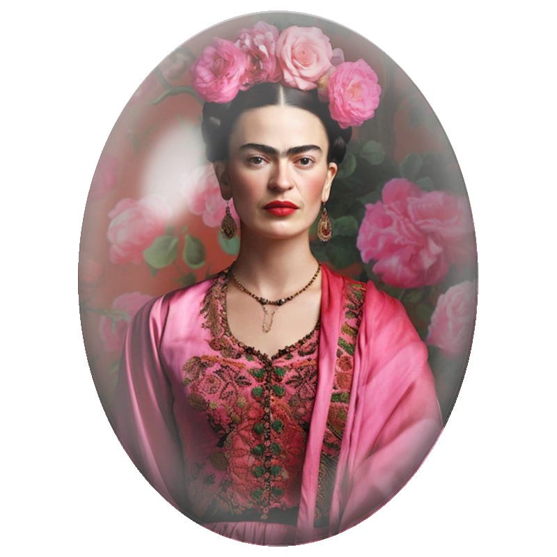 Cabochon en Verre Illustré Frida Kahlo au Portrait Rose 13x18, 18x25 ou 30x40mm