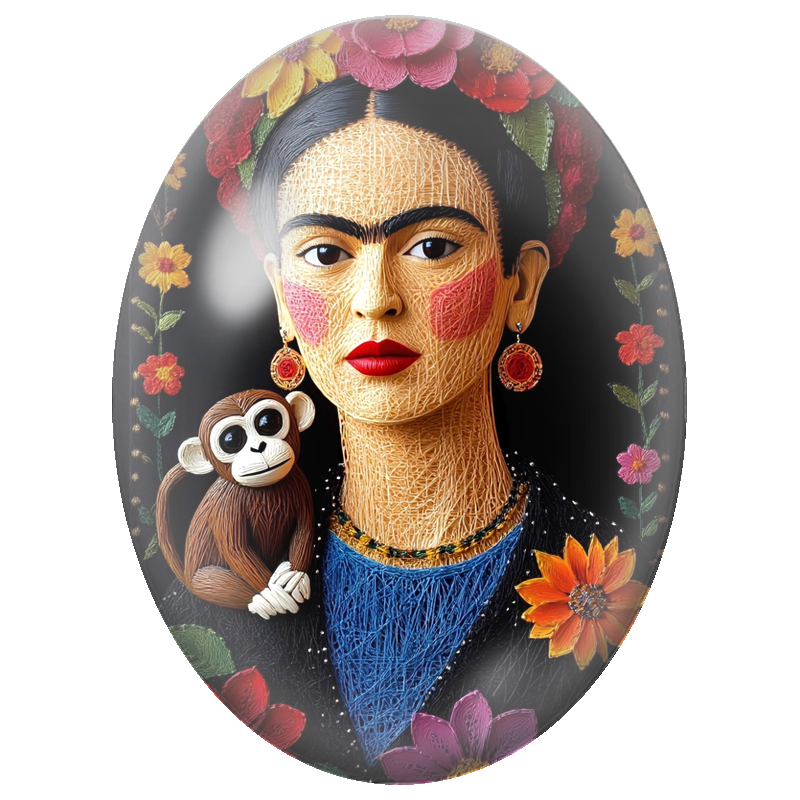Cabochon en Verre Illustré Frida Kahlo au Singe et aux Fleurs 13x18, 18x25 ou 30x40mm