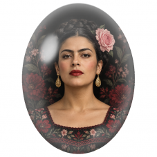 Cabochon en Verre Illustré Frida Kahlo aux Fleurs Rouges sur Fond Noir pour la Création de Bijoux Fantaisie - DIY