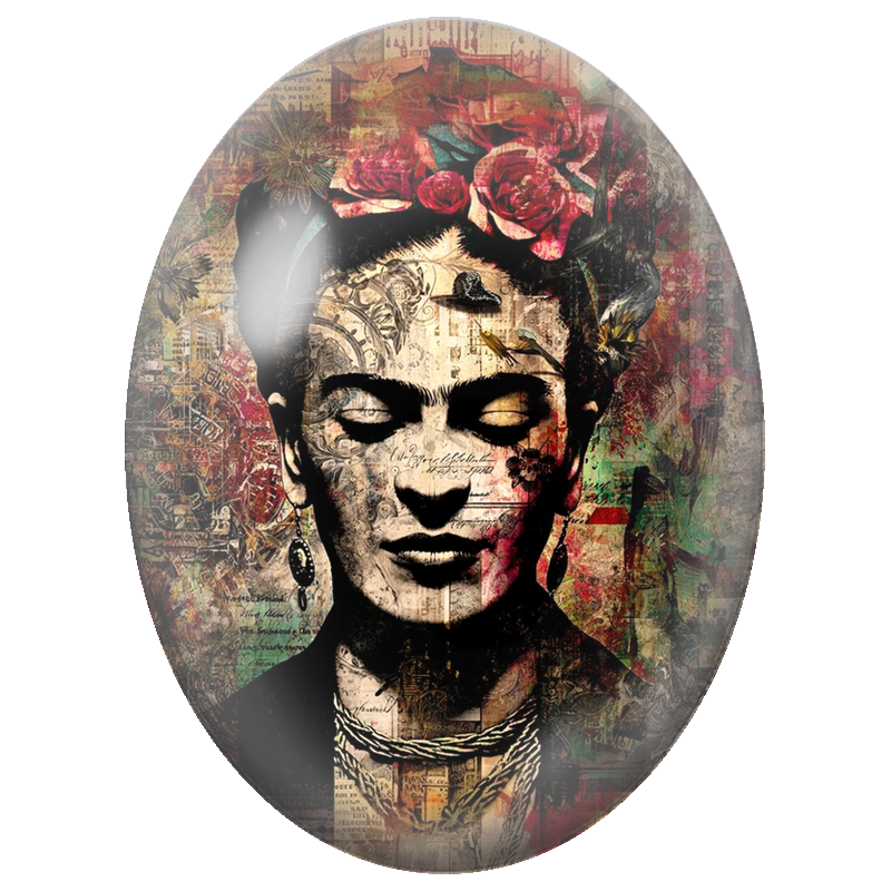 Cabochon en Verre Illustré Frida Kahlo Collage aux Roses Rouges 13x18, 18x25 ou 30x40mm