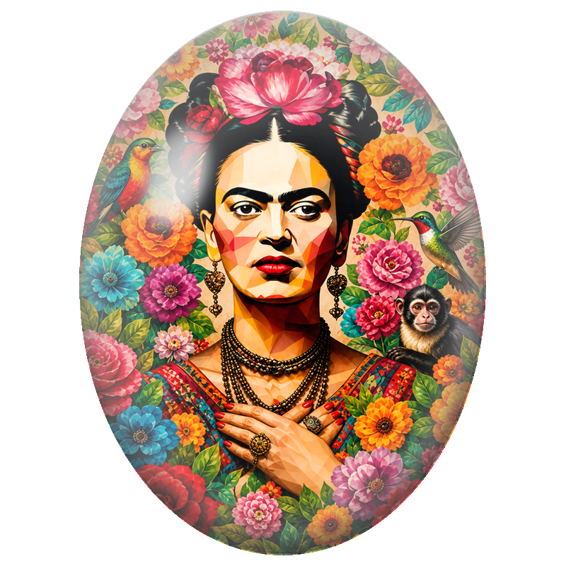Cabochon en Verre Illustré Frida Kahlo au Singe et aux Colibris 13x18, 18x25 ou 30x40mm