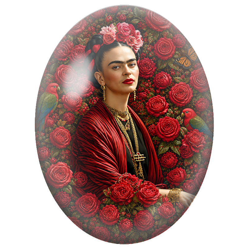 Cabochon en Verre Illustré Frida Kahlo aux Roses Rouges et aux Perroquets 13x18, 18x25 ou 30x40mm