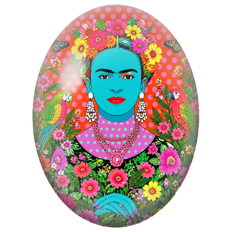 Cabochon en Verre Illustré Frida Kahlo Turquoise aux Perroquets 13x18, 18x25 ou 30x40mm