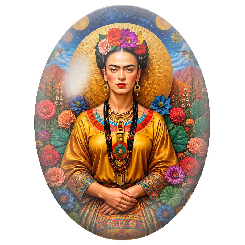Cabochon en Verre Illustré Frida Kahlo au Halo Doré et aux Fleurs 13x18, 18x25 ou 30x40mm