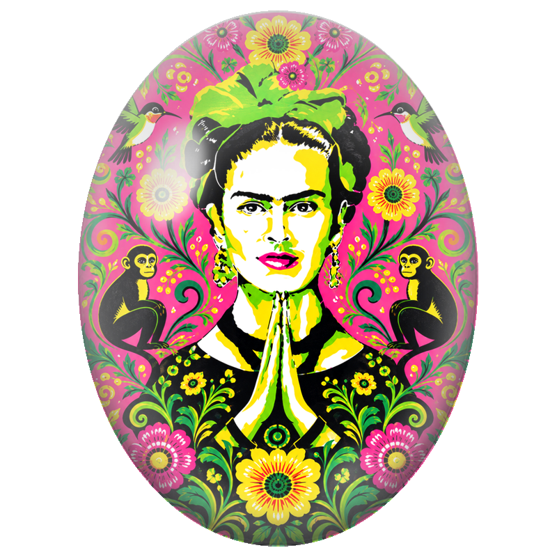Cabochon en Verre Illustré Frida Kahlo Pop Art aux Singes et aux Colibris 13x18, 18x25 ou 30x40mm