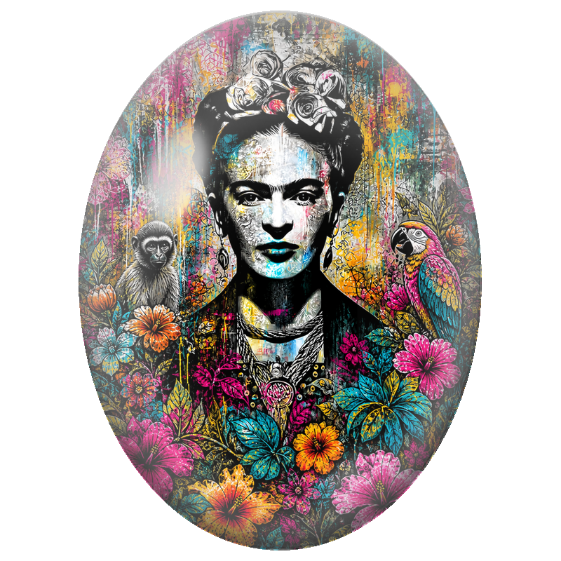 Cabochon en Verre Illustré Frida Kahlo aux Fleurs et aux Animaux Exotiques 13x18, 18x25 ou 30x40mm