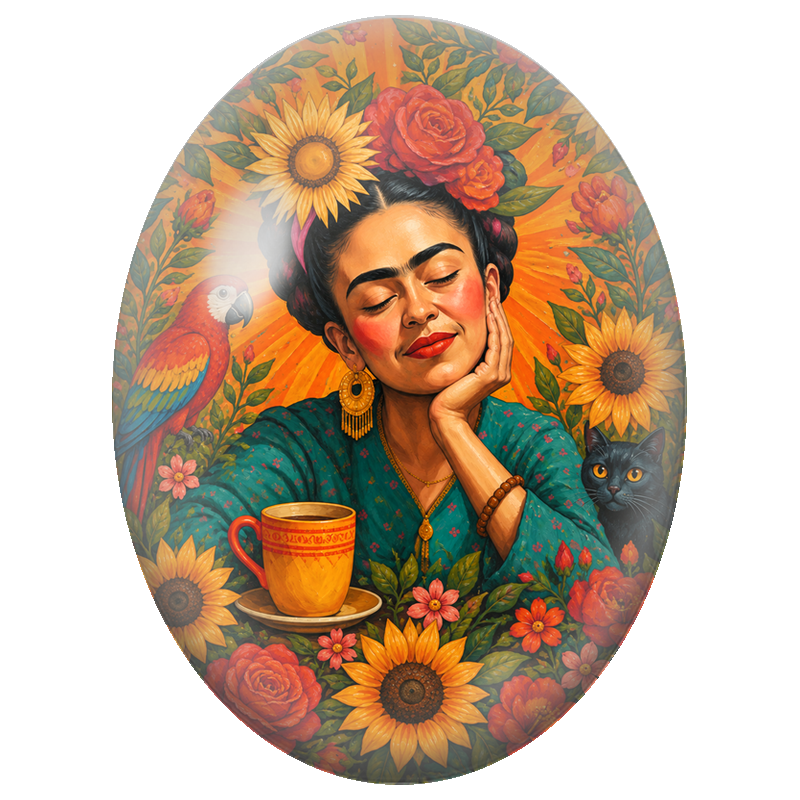Cabochon en Verre Illustré Frida Kahlo au Perroquet et au Chat Noir 13x18, 18x25 ou 30x40mm
