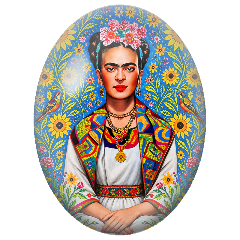 Cabochon en Verre Illustré Frida Kahlo au Jardin Bleu et aux Oiseaux 13x18, 18x25 ou 30x40mm