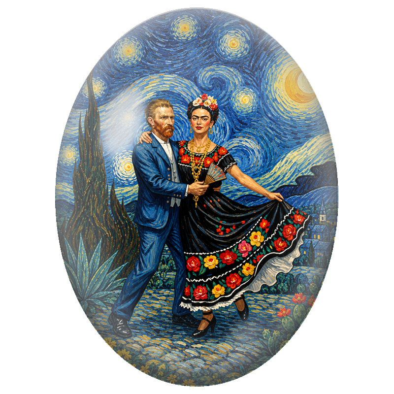 Cabochon en Verre Illustré Frida Kahlo et Van Gogh dansant 13x18, 18x25 ou 30x40mm