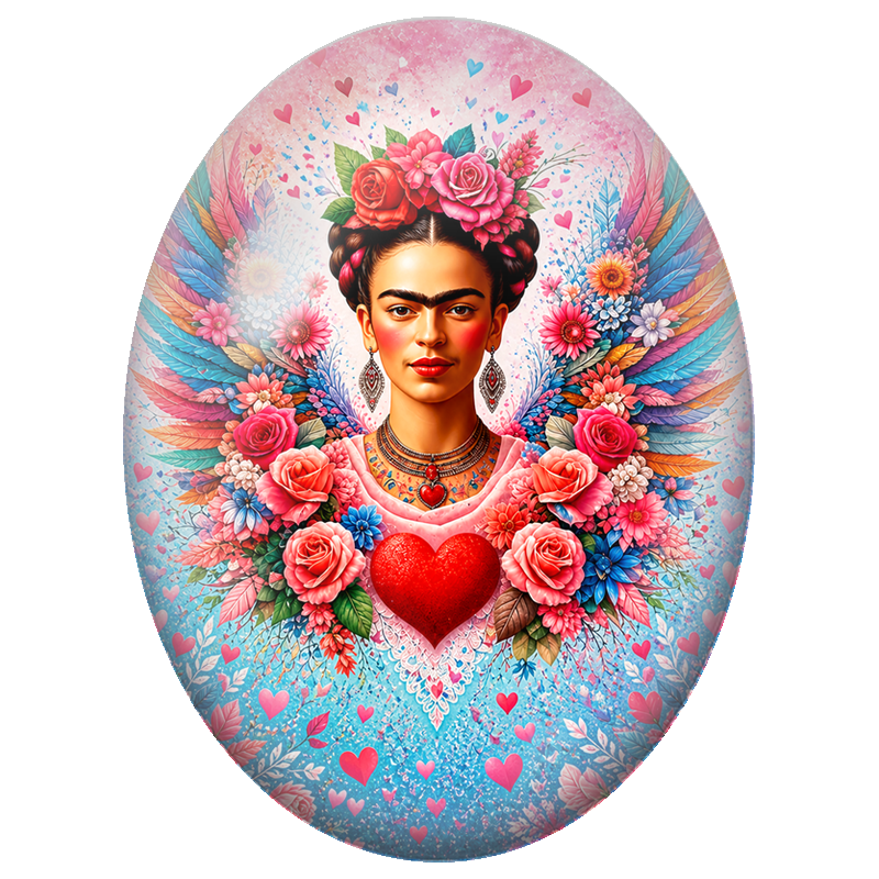 Cabochon en Verre Illustré Frida Kahlo au Cœur Fleuri et aux Ailes 13x18, 18x25 ou 30x40mm