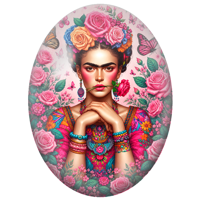 Cabochon en Verre Illustré Frida Kahlo à la Rose entre les Lèvres 13x18, 18x25 ou 30x40mm