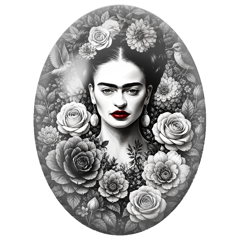 Cabochon en Verre Illustré Frida Kahlo en Noir et Blanc au Jardin 13x18, 18x25 ou 30x40mm